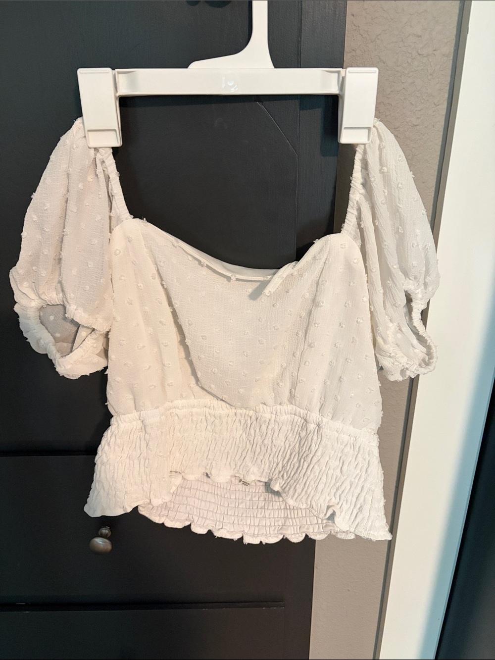 White Puff-Sleeve Swiss Dot Peasant Blouse